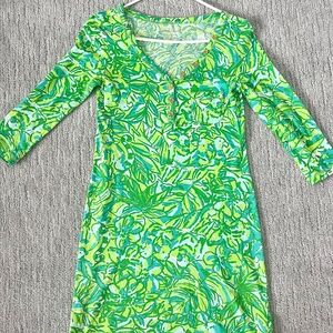 Lilly Pulitzer Green Floral 3/4 Sleeves Pima Cotton Summer Dress- XS